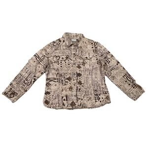 CHICO'S Women Jacket Size 1 Tan Brown Tribal Geometric Boho Artsy Button Down